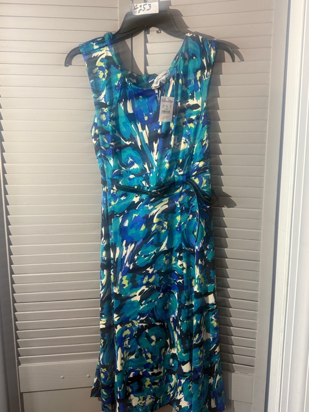 Shelby & Palmer Teal and Navy Abstract Tie-Waist Midi Dress